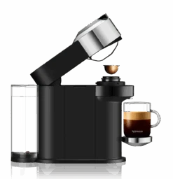 Nespresso Vertuo Next Deluxe Espresso Machine By DeLonghi With Aeroccino - Chrome -Gaggia Store ENV120CAE Vertuo Next D Pure Chrome Delonghi Side Open Head